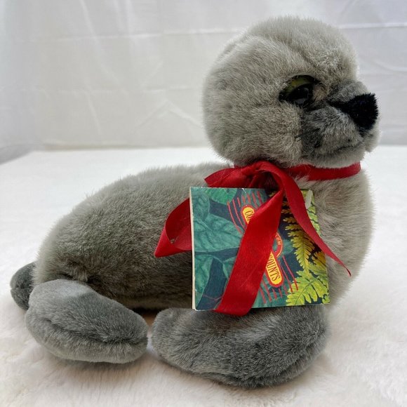 K & M Other - Vintage 1992 K&M Seal 10" Plush Stuffed Toy Gray Black Red Bow